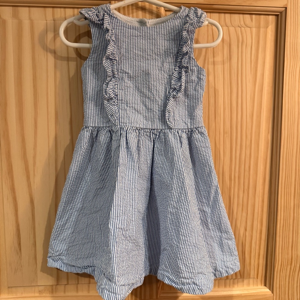 Hope & Henry Girl Blue White Seersucker Ruffle Open Back Organic Cotton Dress 2T